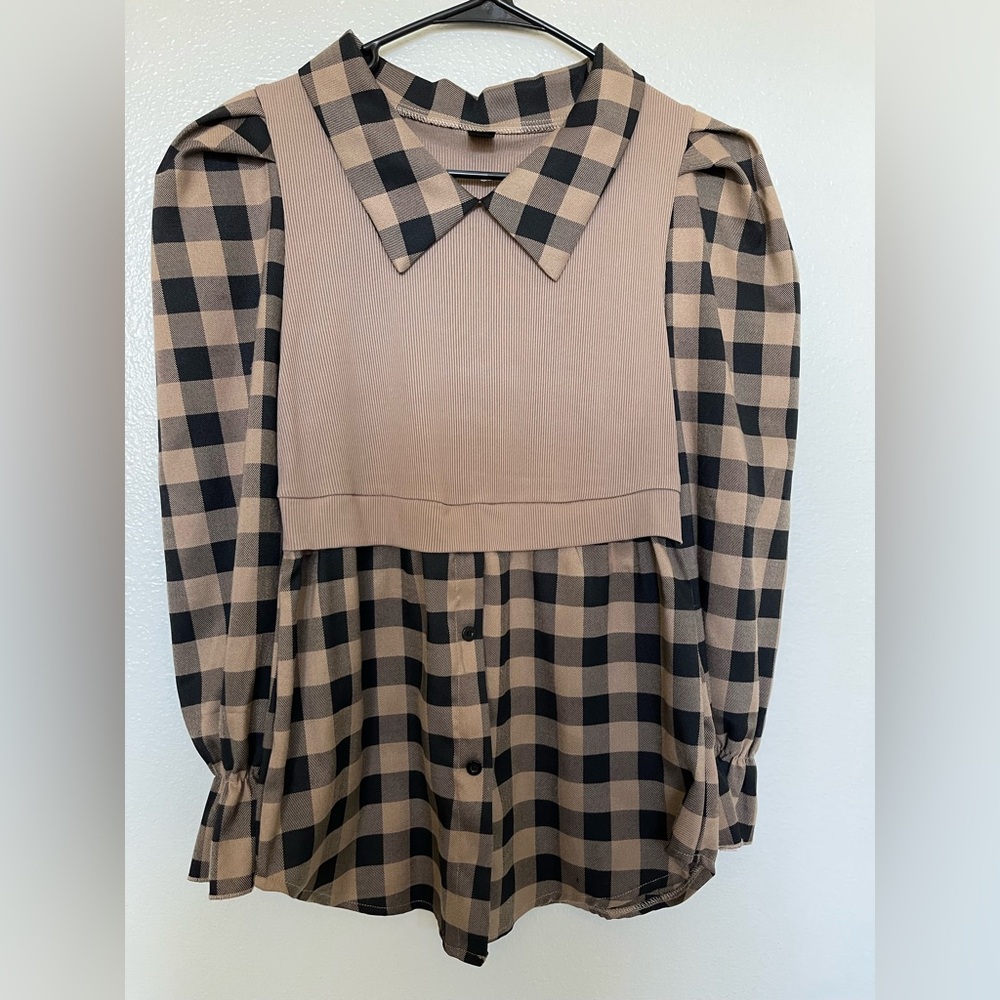 SHEIN Checkered Black and Tan Collared Dress